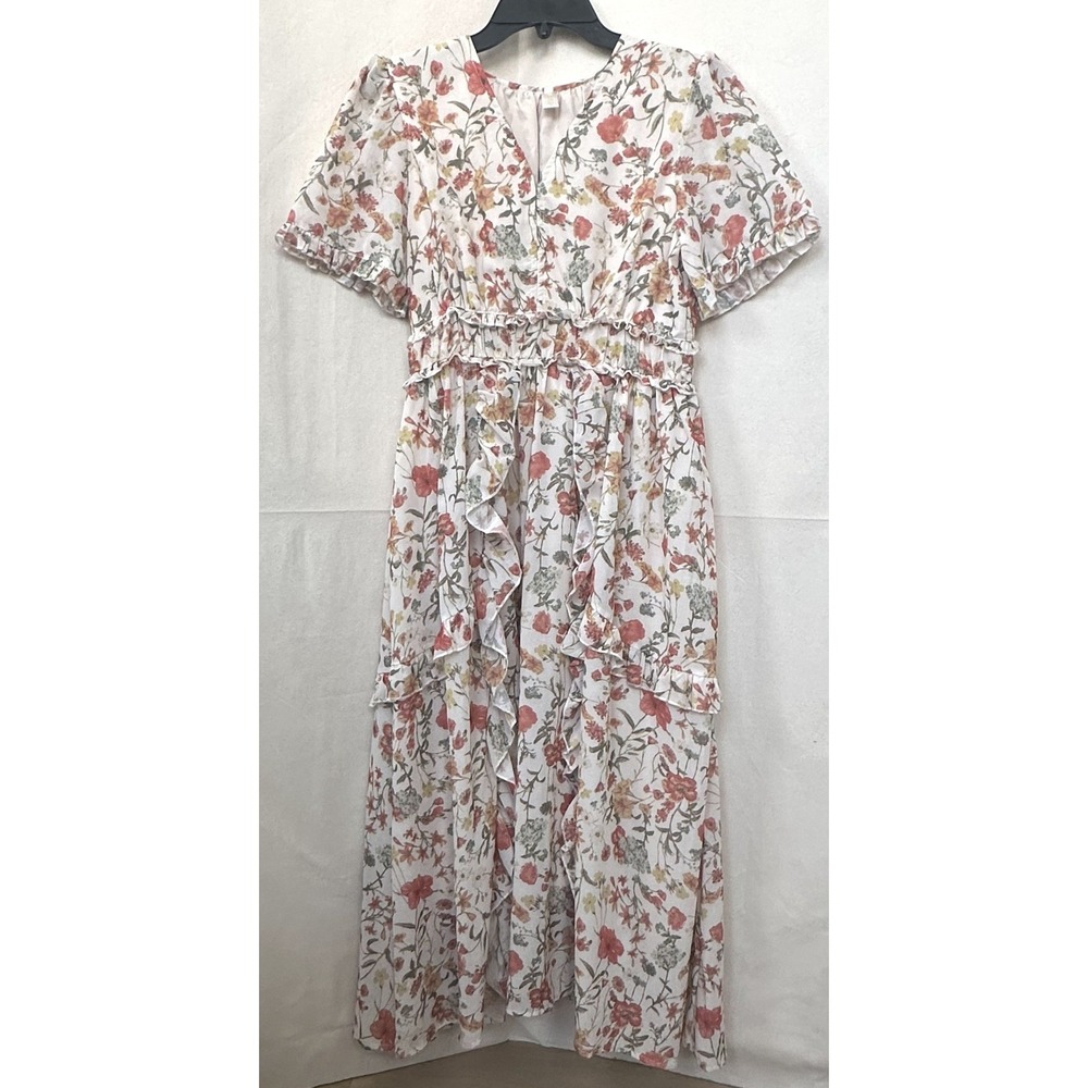 Womens Romantic Cottagecore Prairie Floral Ruffled Tiered Maxi Dress Cream Sz. M